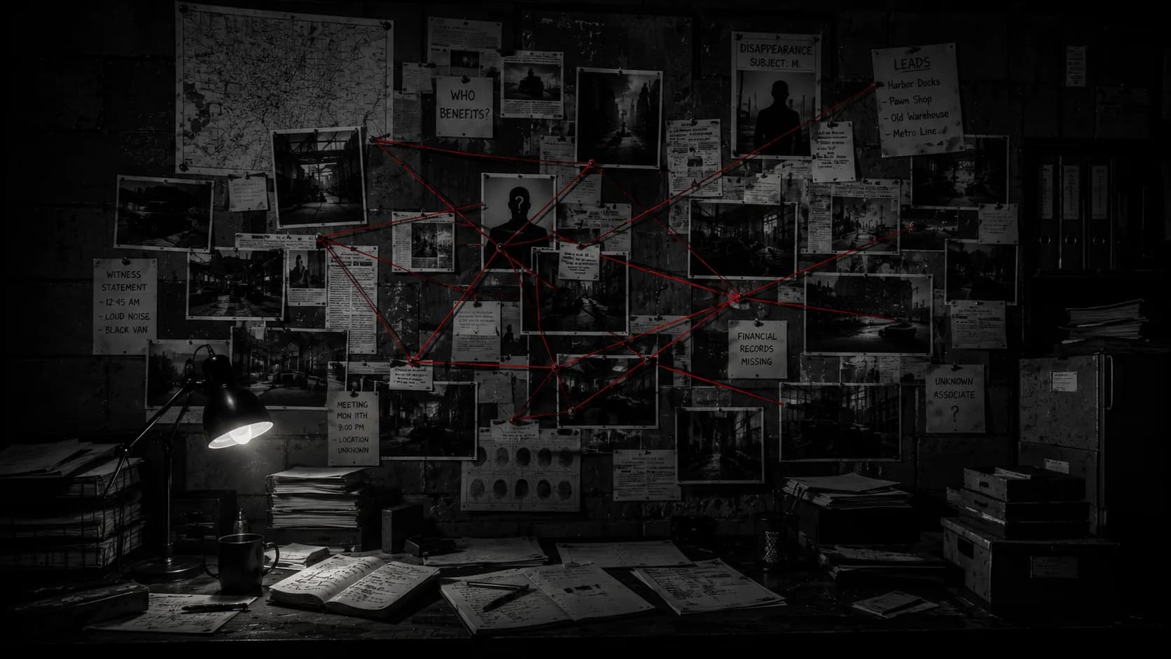 A detective works a case under a rain-slick streetlight